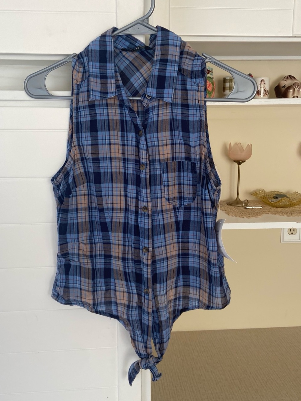 Y2K Blue Plaid button-up vest with tie detail